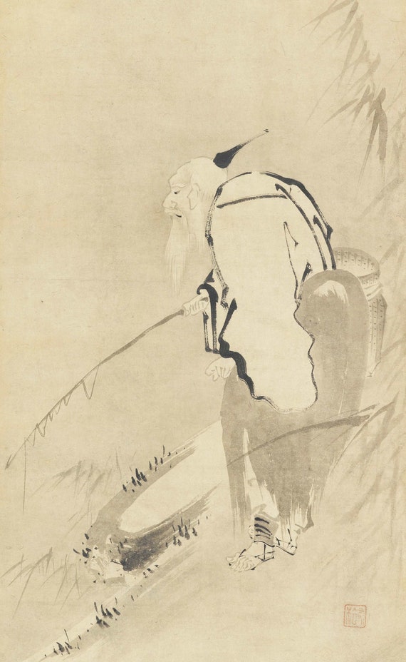 Chiang Tzu-ya Fishing - 17th century Japanese pen and ink drawing old man  fishing - Digital File