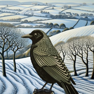 Greetings Card. 'Golden Crow'. Winter Landscape on the Downs in England.