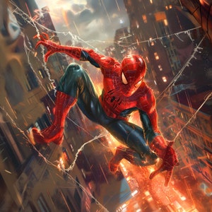 Può includere: Un supereroe rosso e blu, Spider-Man, si dondola attraverso una città con una ragnatela. Lo sfondo è una città con edifici e un bagliore arancione brillante.