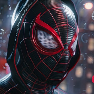 May include: Close-up of a black and red superhero mask with a web pattern. The mask has a red spider symbol with a white eye.
