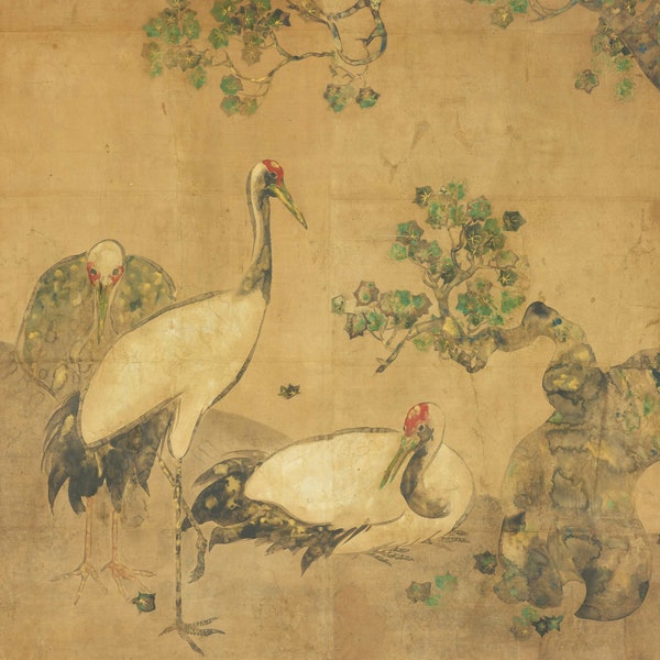 Three Cranes Under a Tree - 11th century ink painting on silk of birds and flowers - Digital File