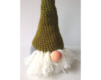 Holiday gnomes! Holiday décor; olive green and gray crocheted home accents