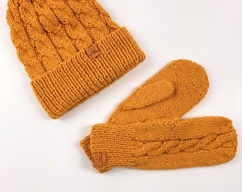 Cap and gloves, knitted, winter set