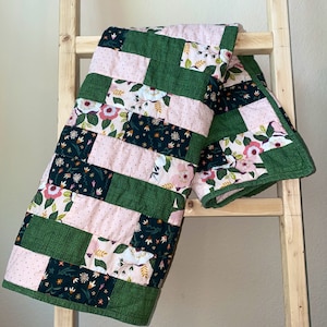 Floral baby quilt, pink and green, baby blanket