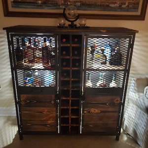 Handcrafted Wood and Metal Liquor Cabinet With Wine storage