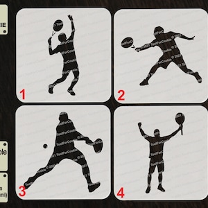 Puede incluir: Cuatro plantillas en blanco y negro de jugadores de tenis en diferentes poses. Las plantillas están numeradas del 1 al 4. Las plantillas están hechas de plástico APET de 1000 micras, que tiene 1 mm de grosor. Las plantillas son reutilizables.