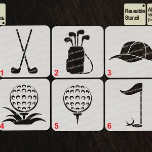 Könnte beinhalten: Wiederverwendbare Schablone mit sechs Designs zum Thema Golf. Die Designs umfassen Golfschläger, eine Golftasche, eine Golfmütze, einen Golfball, einen Golfball auf einem Abschlag und eine Golffahne. Die Schablone ist aus 1000 Mikron APET-Kunststoff.