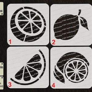 May include: Four white reusable stencils with different lemon designs. The stencils are numbered 1 through 4. The stencils are made of 1000 micron APET plastic, which is 1 mm thick.