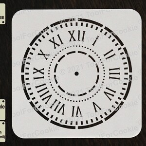 May include: White reusable stencil of a clock face with Roman numerals. The stencil is made of 1000 micron (1 mm/40 mil) APET plastic.
