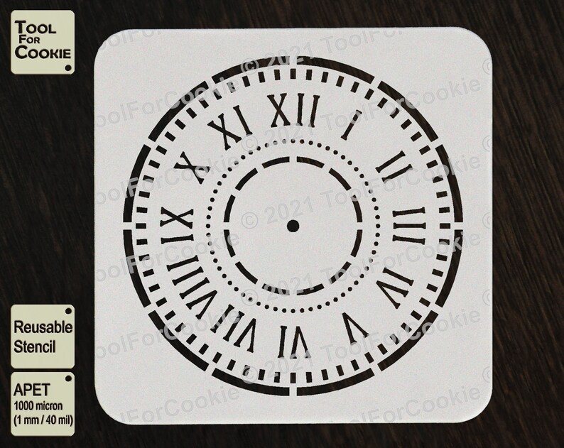 May include: White reusable stencil of a clock face with Roman numerals. The stencil is made of 1000 micron (1 mm/40 mil) APET plastic.