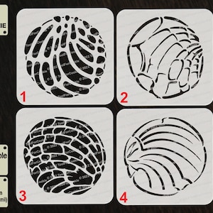 May include: Four black and white cookie stencils, numbered 1 to 4, on a dark wood background. The stencils are made of 1 mm thick APET plastic and are reusable. The stencils are designed to create different patterns on cookies.