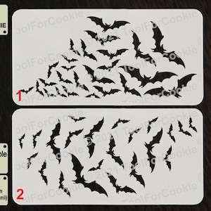 May include: Two reusable plastic stencils with a design of bats. The stencils are labeled 1 and 2. The text "TOOL FOR COOKIE" is in the top left corner. The text "Reusable Stencil" and "APET 1000 micron (1 mm / 40 mil)" is in the bottom left corner.