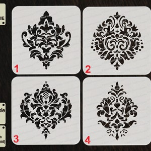 May include: Four reusable plastic stencils with intricate damask designs. The stencils are numbered 1 through 4 and are made of 1000 micron (1 mm/40 mil) APET plastic.