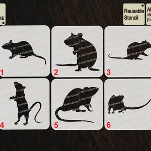May include: Six reusable stencils for cookie decorating, featuring different rat silhouettes. The stencils are made of 1000 micron APET plastic, which is 1 mm thick and 40 mil.