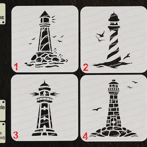 May include: Four reusable lighthouse stencils with different designs, each on a square background. The stencils are black and white, featuring various lighthouse styles with birds and waves. The text "TOOL FOR COOKIE" and "Reusable Stencil" are visible.