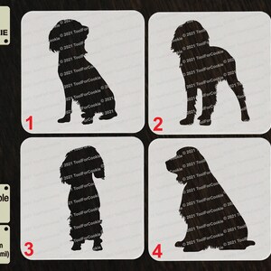 Può includere: Quattro stencil in bianco e nero di un cane, numerati da 1 a 4. Gli stencil sono realizzati in plastica APET da 1000 micron, che è spessa 1 mm. Gli stencil sono riutilizzabili.