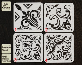 May include: Set of four reusable cookie stencils with intricate floral designs. The stencils are made of 1 mm thick APET plastic and are perfect for decorating cookies, cakes, and other baked goods.