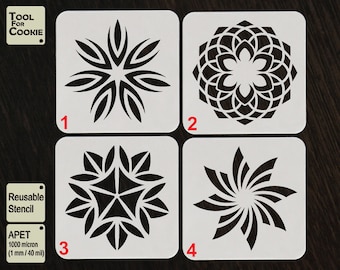 May include: Four reusable cookie stencils with different geometric designs. The stencils are made of 1000 micron APET plastic and are 1 mm thick. The designs are numbered 1 through 4.