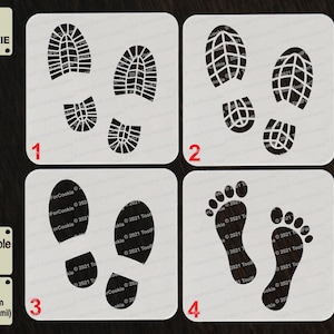 May include: Four white square stencils with black outlines of footprints and shoe prints. The stencils are numbered 1 through 4. The text "TOOL FOR COOKIE" is in the top left corner. The text "Reusable Stencil" is in the bottom left corner. The text "APET 1000 micron (1 mm/40 mil)" is in the bottom left corner.