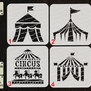 May include: Four black and white stencil designs for cookies. The designs are of a circus tent, a carousel, and two different styles of circus tents. The stencils are reusable and made of 1 mm thick APET plastic.