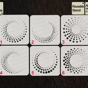 May include: Six white square stencils with black dot designs. The stencils are numbered 1 through 6. The text "Reusable Stencil" and "APET 1000 micron (1 mm/40 mil)" is in the top right corner.