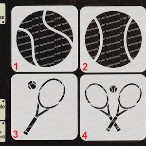 May include: Four white reusable stencils for decorating cookies. The stencils are numbered 1 through 4. Stencil 1 and 2 are of a tennis ball. Stencil 3 is of a tennis racket and ball. Stencil 4 is of two tennis rackets crossed with a ball in the middle.