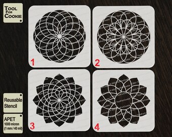 May include: Four reusable plastic stencils with geometric designs. The stencils are numbered 1 through 4. The stencils are made of 1 mm thick APET plastic. The text "TOOL FOR COOKIE" is in the top left corner of the image.