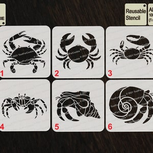May include: Set of six reusable cookie stencils featuring various sea creatures. The stencils are made of 1000 micron APET plastic, which is 1 mm thick and 40 mil. The stencils are numbered 1 through 6 and feature a crab, a hermit crab, and a seashell.