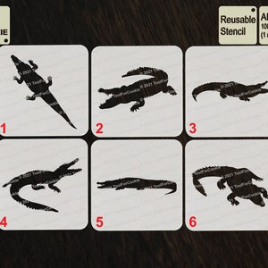 Könnte beinhalten: Sechs schwarz-weiße Schablonen von Alligatoren in verschiedenen Posen. Die Schablonen befinden sich auf weißem Hintergrund und sind mit den Zahlen 1 bis 6 beschriftet. Die Schablonen sind aus wiederverwendbarem 1000 Mikron APET-Kunststoff.