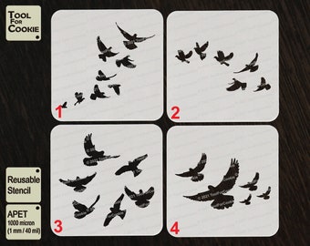 Könnte beinhalten: Vier wiederverwendbare Schablonen zum Dekorieren von Keksen mit einem Vogelschwarm-Design. Die Schablonen bestehen aus 1000 Mikron APET-Kunststoff, der 1 mm dick ist. Die Schablonen sind von 1 bis 4 nummeriert.