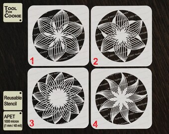 May include: Four white reusable stencils with a geometric flower design. The stencils are numbered 1 through 4. The stencils are made of 1000 micron APET (1 mm/40 mil).
