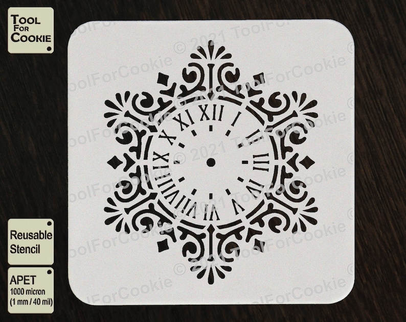 May include: White reusable stencil featuring a clock face design. The clock face has Roman numerals and a decorative border. The stencil is made from 1 mm thick APET plastic.