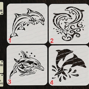 May include: Set of four reusable cookie stencils featuring a dolphin design. The stencils are made of 1 mm thick APET plastic and are perfect for decorating cookies, cakes, and other baked goods.