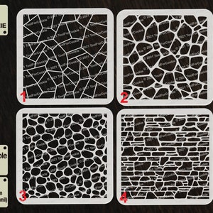 Puede incluir: Cuatro plantillas reutilizables blancas con diferentes patrones de piedra. Las plantillas están hechas de plástico APET de 1 mm de grosor. Los patrones incluyen una piedra agrietada, un patrón de guijarros, un patrón de piedra redonda y un patrón de ladrillo.