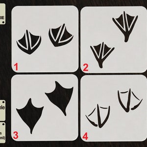 May include: Four white square stencils with black duck footprints. The stencils are numbered 1 through 4. The text "TOOL FOR COOKIE" is in the top left corner. The text "Reusable Stencil" is in the bottom left corner. The text "APET 1000 micron (1 mm/40 mil)" is in the bottom left corner.