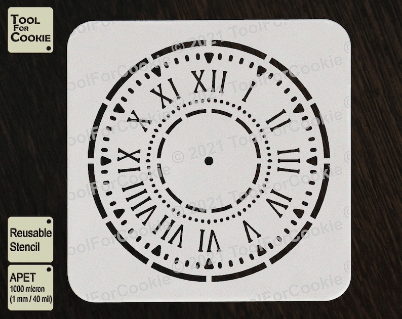 May include: White reusable stencil of a clock face with Roman numerals. The stencil is made of 1000 micron APET plastic, which is 1 mm thick.