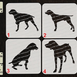 Può includere: Quattro disegni di stencil in bianco e nero di un cane, numerati da 1 a 4. Lo stencil è realizzato in materiale APET da 1000 micron (1 mm/40 mil) ed è riutilizzabile.