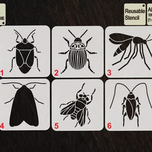 May include: Set of six reusable cookie stencils featuring insect designs. The stencils are made of 1000 micron (1 mm/40 mil) APET plastic. The designs include a stink bug, a ladybug, a mosquito, a moth, a fly, and a cockroach.