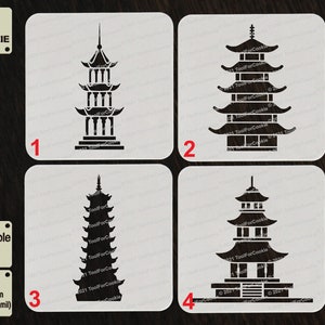 May include: Four black and white stencils of pagoda-style buildings. The stencils are numbered 1 through 4. The stencils are made of 1000 micron APET plastic, which is 1 mm thick. The stencils are reusable.