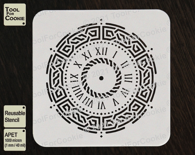 May include: A white reusable stencil with a black clock design featuring Roman numerals and a geometric pattern. The stencil is made of 1000 micron APET plastic, which is 1 mm thick.