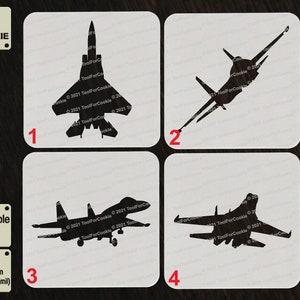 May include: Four reusable stencils for cookie decorating, each featuring a different silhouette of a fighter jet. The stencils are made of 1000 micron (1 mm/40 mil) APET plastic.