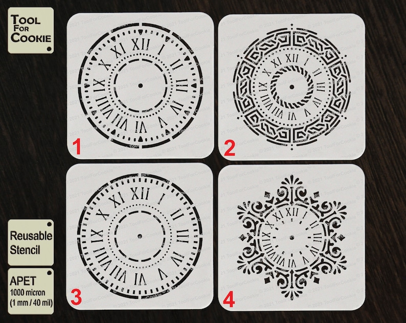May include: Four white square stencils with black clock designs. The stencils are numbered 1 through 4. The stencils are made of 1 mm thick APET plastic. The text "TOOL FOR COOKIE" and "Reusable Stencil" are visible in the image.