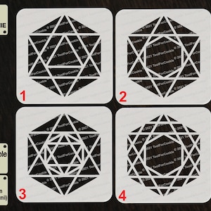May include: Four white reusable stencils with geometric designs. Each stencil features a different variation of a diamond shape with lines and angles. The stencils are numbered 1 through 4.