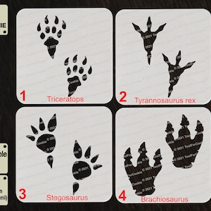 May include: Four white squares with black dinosaur footprints. Each square has a number and the name of the dinosaur: Triceratops, Tyrannosaurus rex, Stegosaurus, and Brachiosaurus. The text "Tool for Cookie" is in the top left corner. The text "Reusable Stencil" is in the bottom left corner. The text "APET 1000 micron (1 mm/40 mil)" is in the bottom left corner.