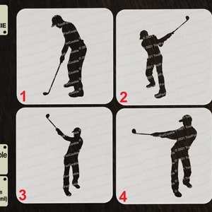 Könnte beinhalten: Vier schwarze Silhouetten-Schablonen von Golfspielern in verschiedenen Posen. Die Schablonen sind von 1 bis 4 nummeriert. Die Schablonen sind aus 1000 Mikron APET-Kunststoff, das 1 mm dick ist.
