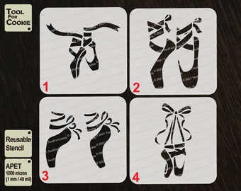 May include: Four reusable stencils for decorating cookies with ballet shoe designs. The stencils are made of 1 mm thick APET plastic.