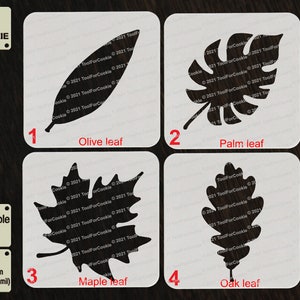 May include: Four reusable cookie stencils with different leaf designs: olive, palm, maple, and oak. The stencils are made of 1000 micron APET plastic, which is 1 mm thick.