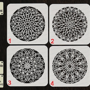 May include: Four white square stencils with intricate mandala designs. The stencils are labelled 1 through 4. The text "TOOL FOR COOKIE" is in the top left corner. The text "Reusable Stencil" and "APET 1000 micron (1 mm/40 mil)" is in the bottom left corner.