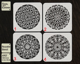 May include: Four white square stencils with intricate mandala designs. The stencils are labeled 1 through 4. The text "TOOL FOR COOKIE" is in the top left corner. The text "Reusable Stencil" and "APET 1000 micron (1 mm/40 mil)" is in the bottom left corner.