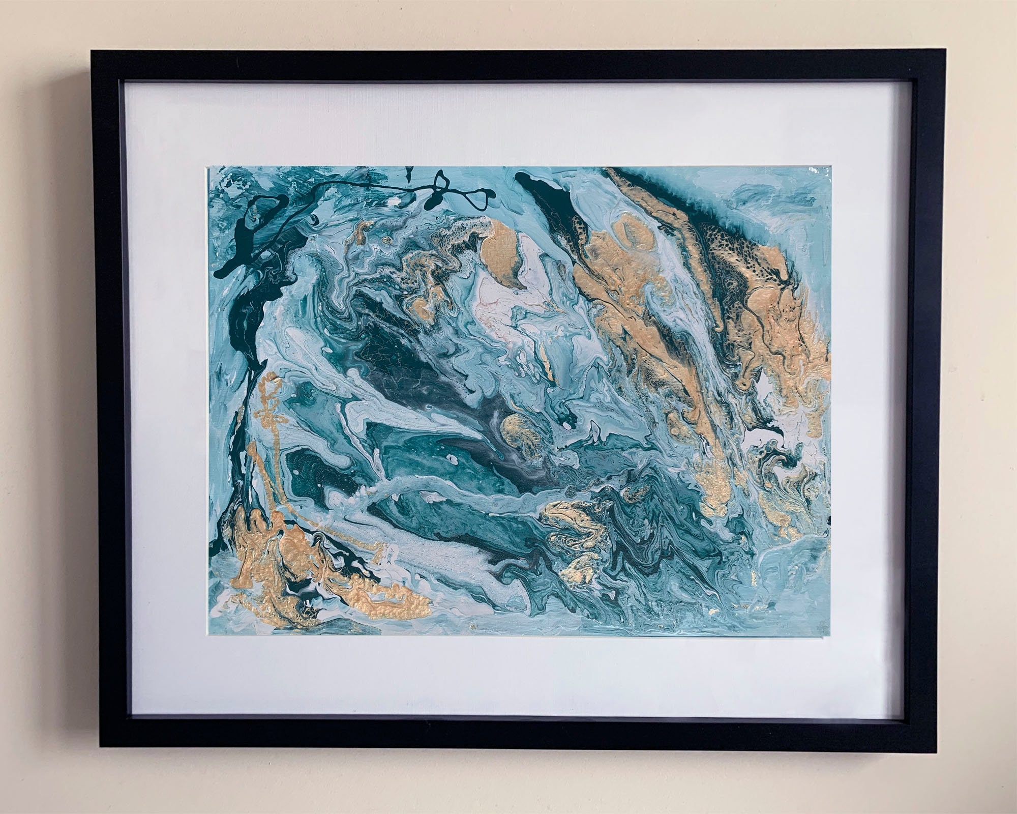 Abstract Gold and Teal Painting, Blue Turquoise Painting on Paper ...